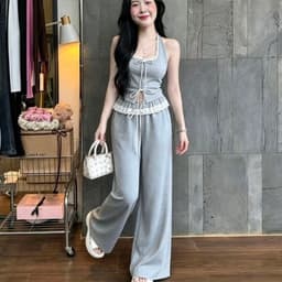 Set bộ phong cách áo yếm cổ vuông và quần dài phối ren 6