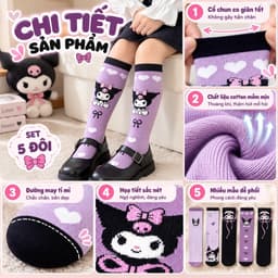 Set 5 Đôi Tất Cổ Cao Kuromi Dành Cho Các Bé Từ 3 - 12 Tuổi Đáng Yêu, Chất Cotton TE123 3