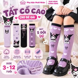 Set 5 Đôi Tất Cổ Cao Kuromi Dành Cho Các Bé Từ 3 - 12 Tuổi Đáng Yêu, Chất Cotton TE123 1
