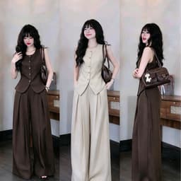 Bộ nữ áo ghile có dây buộc sau kèm quần rộng phong cách 1