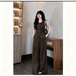Bộ nữ áo ghile có dây buộc sau kèm quần rộng phong cách 4