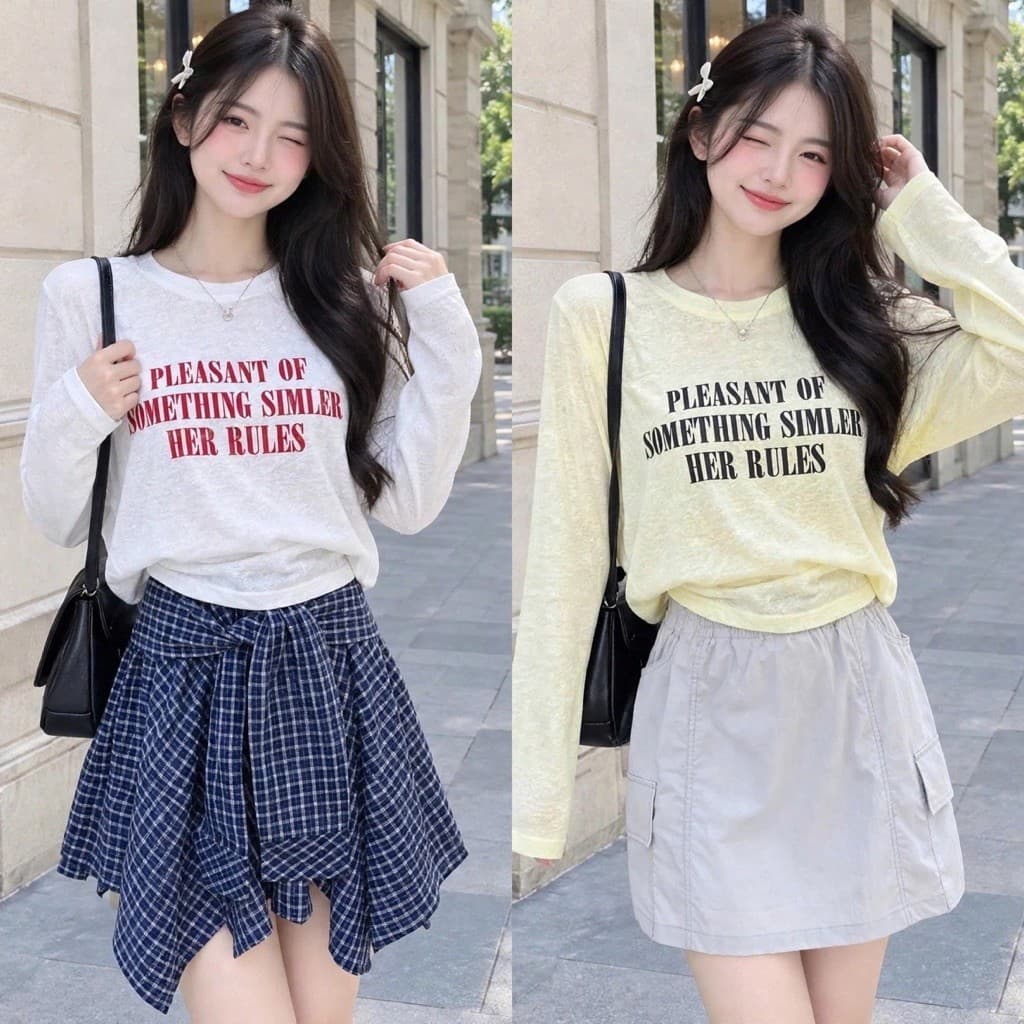 Áo thun nữ dài tay thun giấy xước mỏng in chữ thời trang,áo thun nữ form rộng tay dài đẹp TG PLEA05