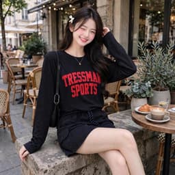 Áo thun nữ dài tay chất thun giấy xước in hình chữ đỏ đẹp áo form rộng nữ thu đông TRESS8 9