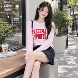 Áo thun nữ dài tay chất thun giấy xước in hình chữ đỏ đẹp áo form rộng nữ thu đông TRESS8 5