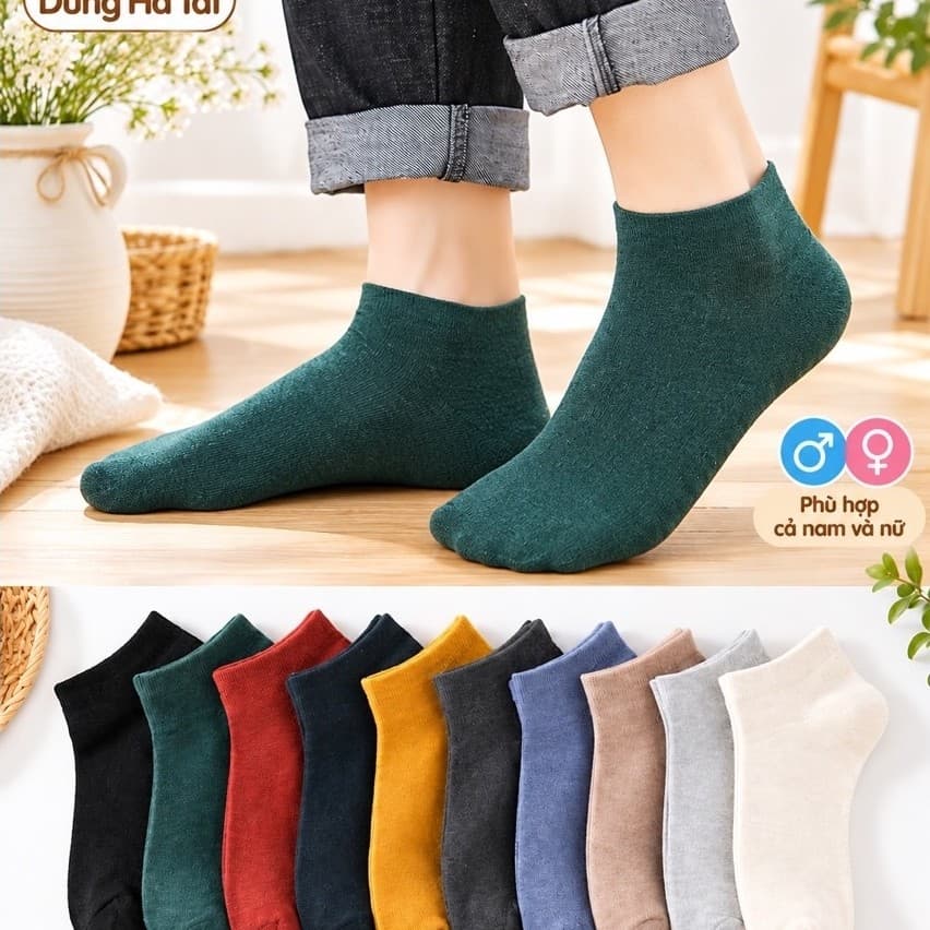 Tất Nam Nữ Cổ Ngắn TV nhieu Mau Chất Cotton Mềm Mại Màu Sang Chảnh Set 10 Đôi