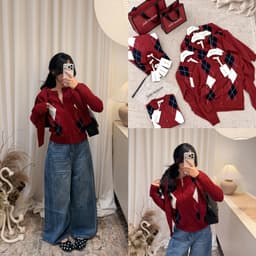 𝟏𝟒𝐚𝐦.𝐬𝐭𝐮𝐝𝐢𝐨 | Áo Cardigan Len Nữ Họa Tiết Quả Trám Đỏ Đô Cổ Tròn Phong Cách Hàn Quốc Mặc Thu Đông Giáng Sinh 2