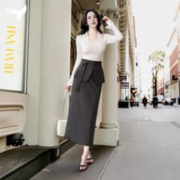 chân váy công sở dáng dài màu nâu gi, thiết kế khá sang và rất phù hợp  trong phân khúc thời trang công sở nữ 3