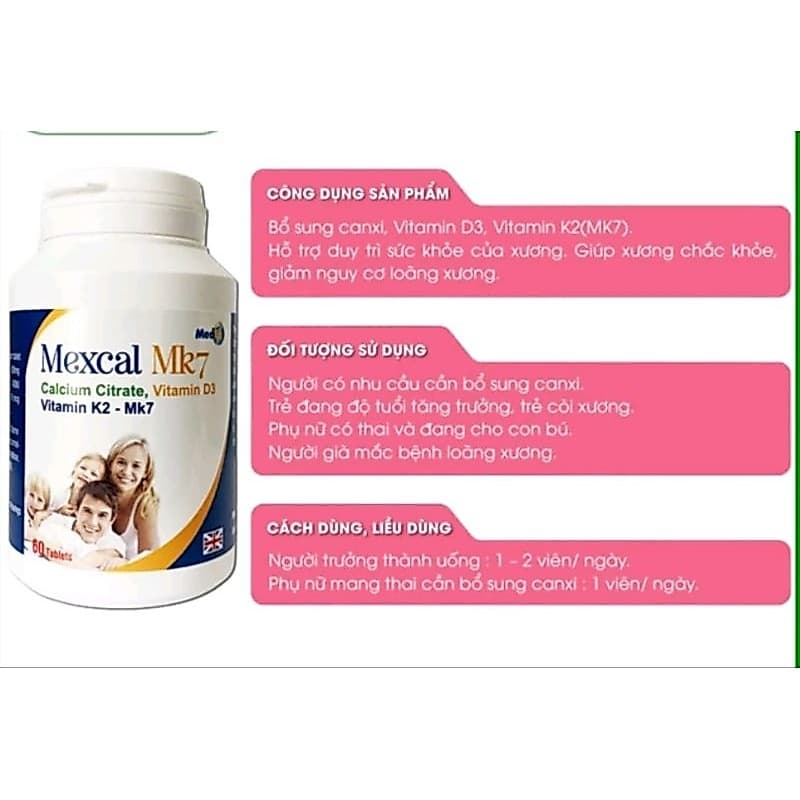 Mexcal Mk7, Ngừa Loãng Xương ở người lớn tuổi,Cho Bà Bầu.hỗ  trợ phát triển chiều cao (60 Viên)>> BUN BUN SHOP 20