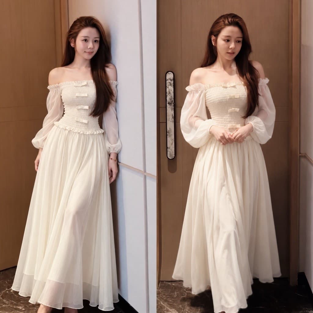 Váy kem bẹt vai dịu dàng, váy bẹt vai dáng dài tiểu thư xukadress