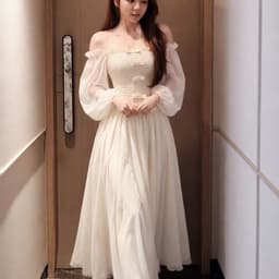 Váy kem bẹt vai dịu dàng, váy bẹt vai dáng dài tiểu thư xukadress 2