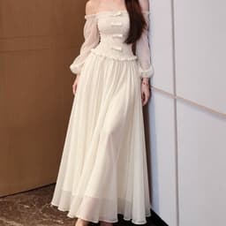 Váy kem bẹt vai dịu dàng, váy bẹt vai dáng dài tiểu thư xukadress 3