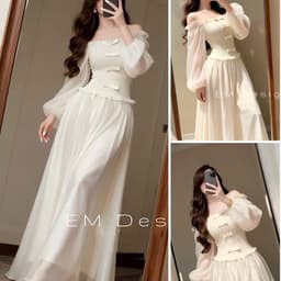 Váy kem bẹt vai dịu dàng, váy bẹt vai dáng dài tiểu thư xukadress 4