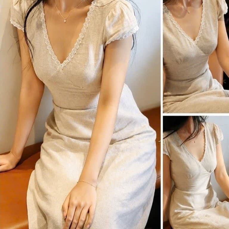 ĐẦM KEM CỔ V VIỀN REN, váy dáng dài đơn giản sang chảnh xukadress