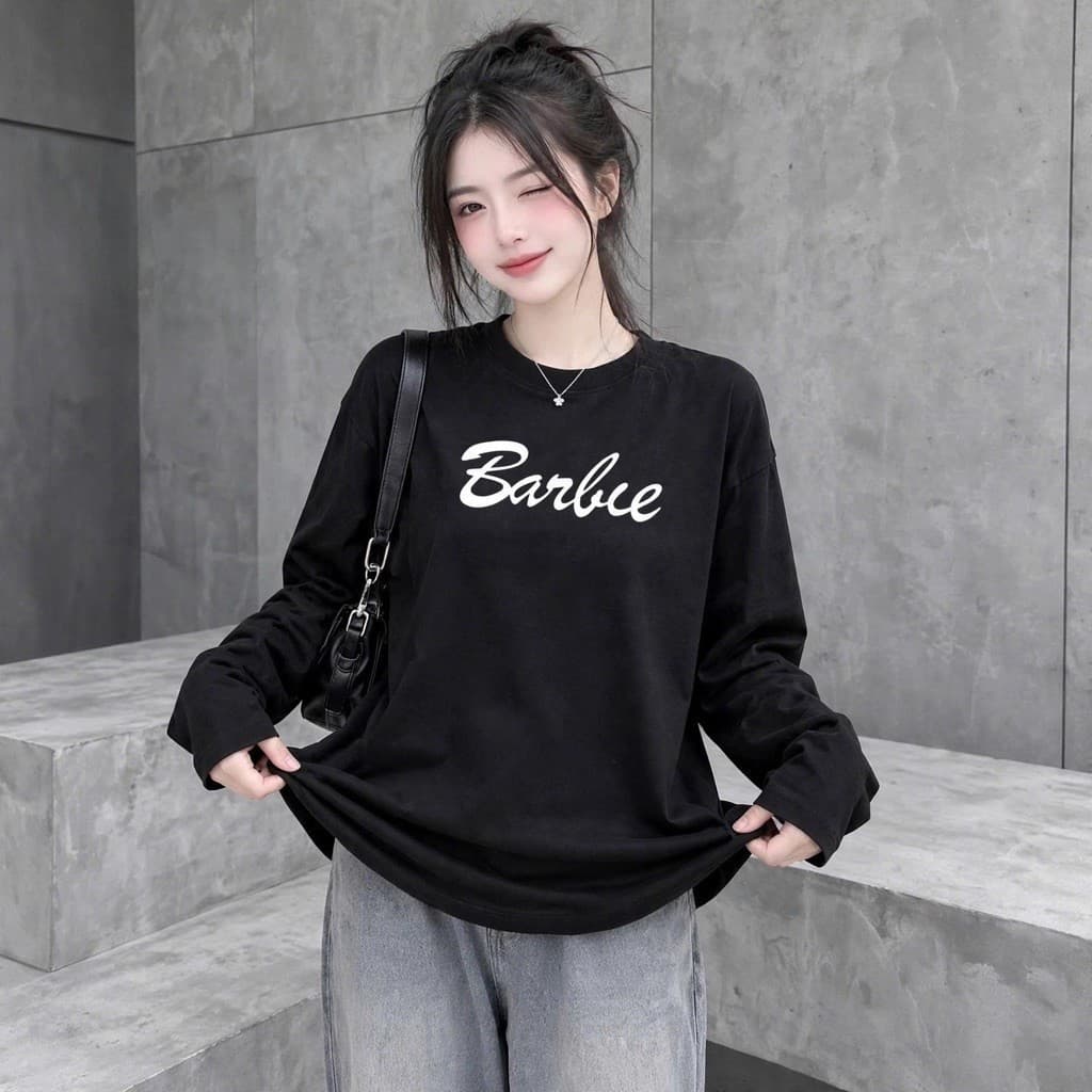 Áo thun nữ dài tay chất cotton mềm form rộng in chữ Barbie đáng yêu thời trang CT BAR09