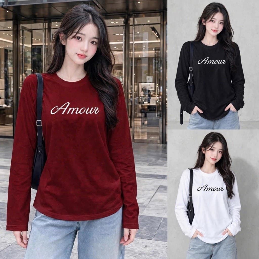 Áo thun form rộng tay dài chất cotton in chữ Amour đơn giản style basic siêu đẹp BYN BYN CT AMOC