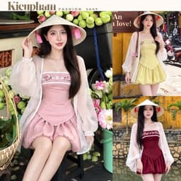 (Có Bigsize) Set Lụa Áo Cúp Ngực Ren “Mộng Hoa” Phối Quần Dáng Bí Kèm Khoác Voan Tay Phồng Kieupham.shop 1
