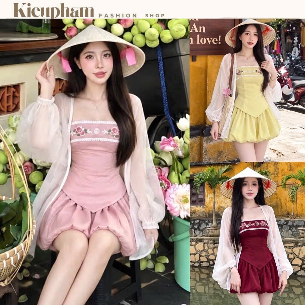 (Có Bigsize) Set Lụa Áo Cúp Ngực Ren “Mộng Hoa” Phối Quần Dáng Bí Kèm Khoác Voan Tay Phồng Kieupham.shop