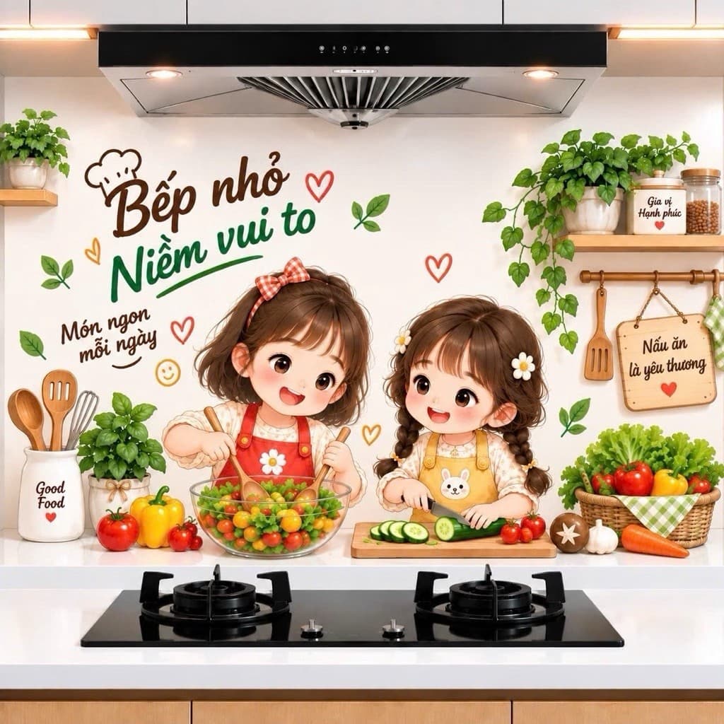 Decal dán bếp 2 em bé đáng yêu 60x90cm