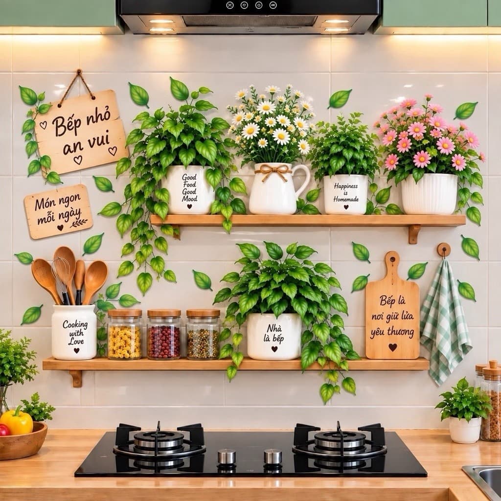 Decal dán bếp chậu hoa sắc màu(60x90cm)