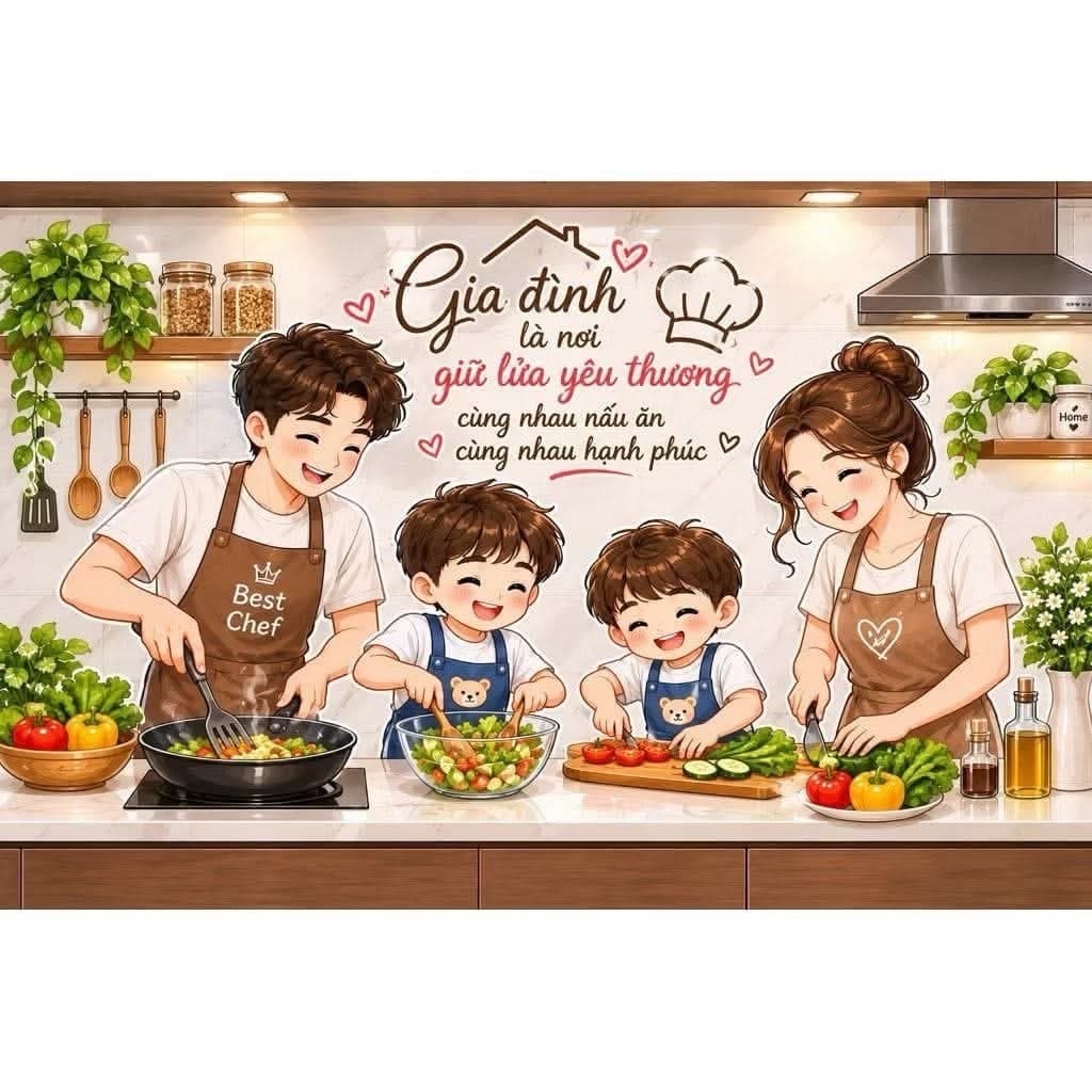 Decal dán bếp gia đình nấu ăn (60x90cm)