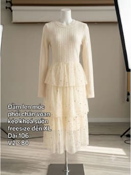 [2hand] Đầm len móc trắng phối chân voan 3 tầng đính sao bling kéo khoá sườn freesize đến XL 2
