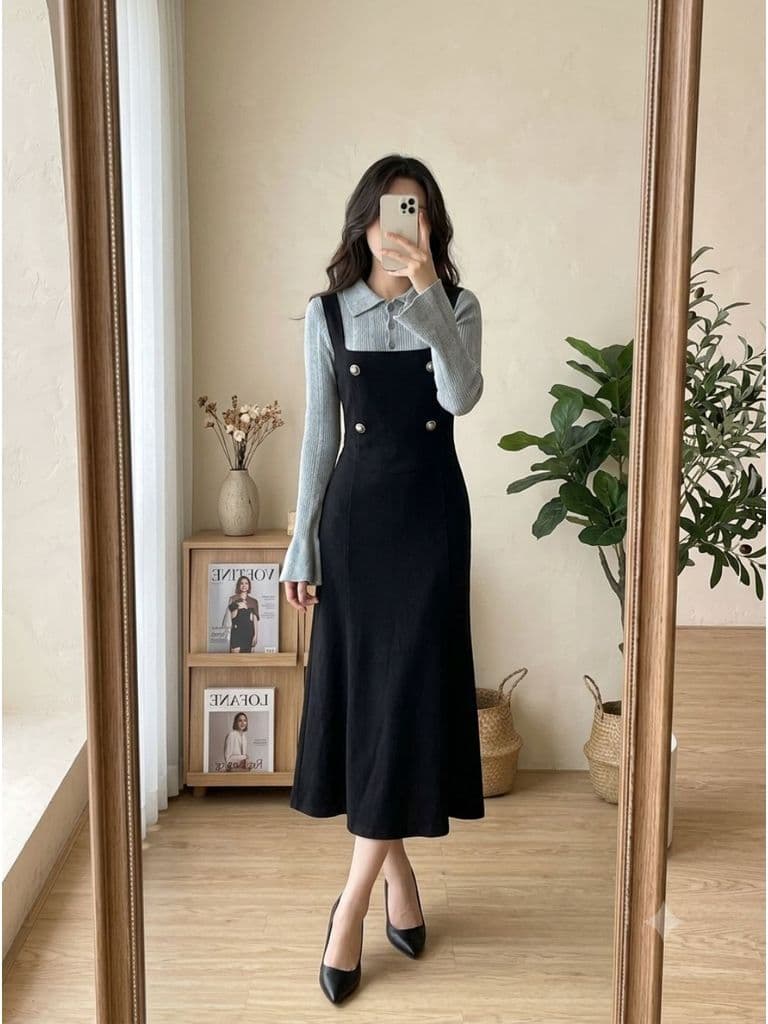 [2hand] Đầm nỉ nhung phối len mongtoghi kiểu set yếm sơ mi cúc đồng freesize đến XL khoá kéo sườn