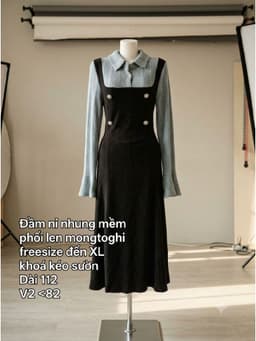 [2hand] Đầm nỉ nhung phối len mongtoghi kiểu set yếm sơ mi cúc đồng freesize đến XL khoá kéo sườn 2