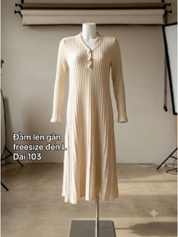 [2hand] Đầm len gân kem be dáng xoè cúc bọc freesize đến L 2