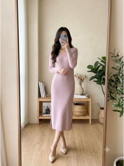 [2hand] Đầm len gân mịn tím nhạt muối tiêu cổ tim xẻ nhỏ 2 tà freesize đến XL 1