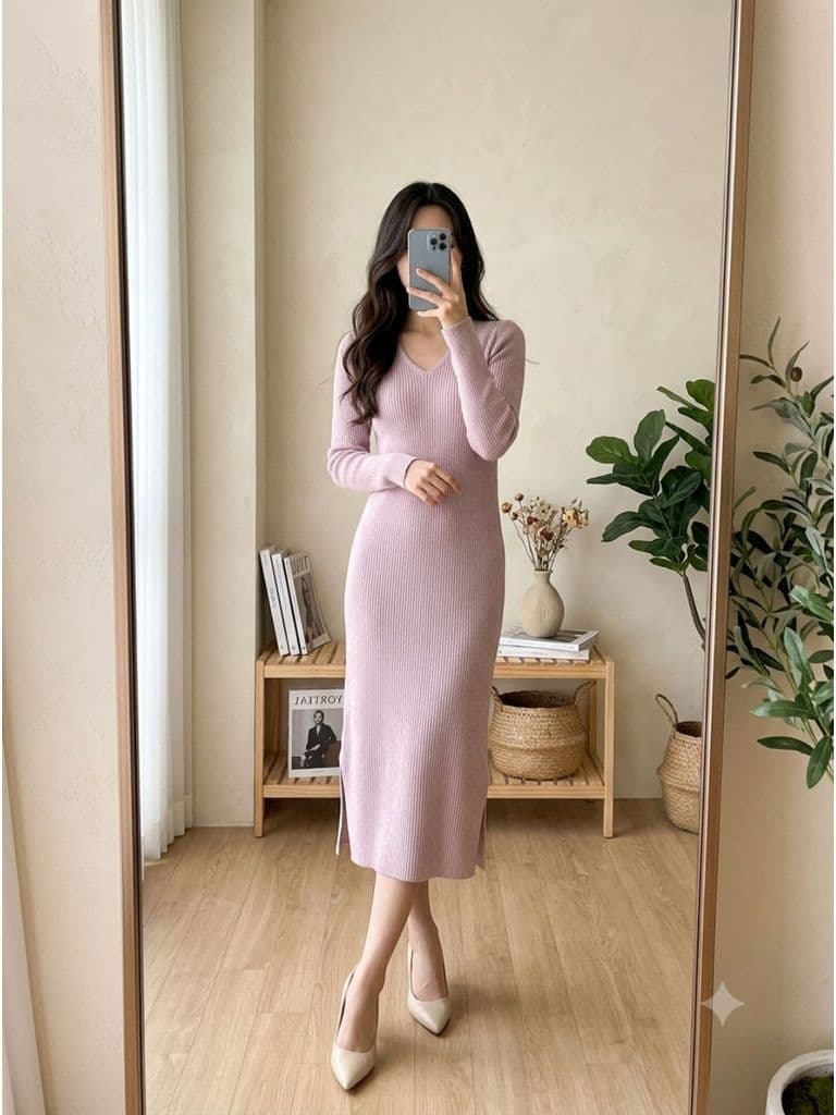 [2hand] Đầm len gân mịn tím nhạt muối tiêu cổ tim xẻ nhỏ 2 tà freesize đến XL