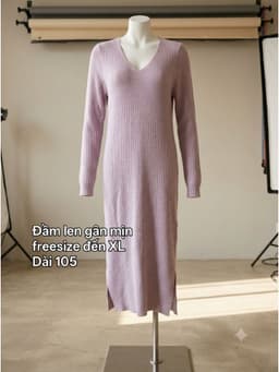 [2hand] Đầm len gân mịn tím nhạt muối tiêu cổ tim xẻ nhỏ 2 tà freesize đến XL 2