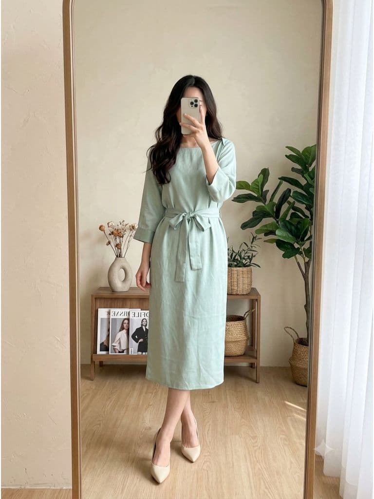 [2hand] Đầm lụa xanh ngọc suông kèm đai freesize đến XL