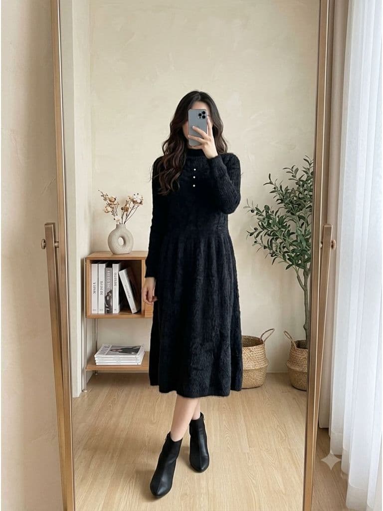 [2hand] Đầm len lông thỏ đen lót nỉ dáng babydoll siêu ấm freesize đến L