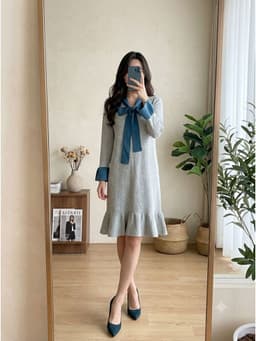 [2hand] Đầm len tăm đuôi cá xám phối nơ xanh freesize đến XL 1