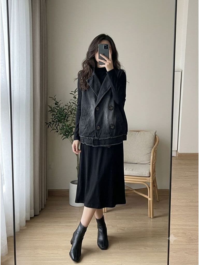 [2hand] Áo khoác gile jean đen mài cúc bọc bo chun eo freesize đến 2XL