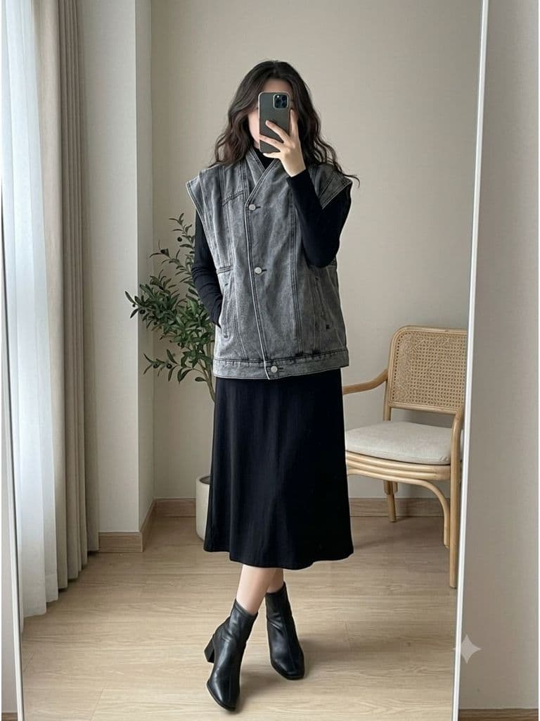 [2hand] Áo khoác gi lê jean xám kiểu cúc chéo cổ cao size S M