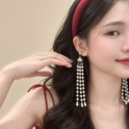 Băng Đô Nhung Đỏ Đô Tua Rua Ngọc Trai Phong Cách Cổ Trang, Cài Tóc Hán Phục Đính Hoa Bạc Thanh Lịch Cho Nữ 1
