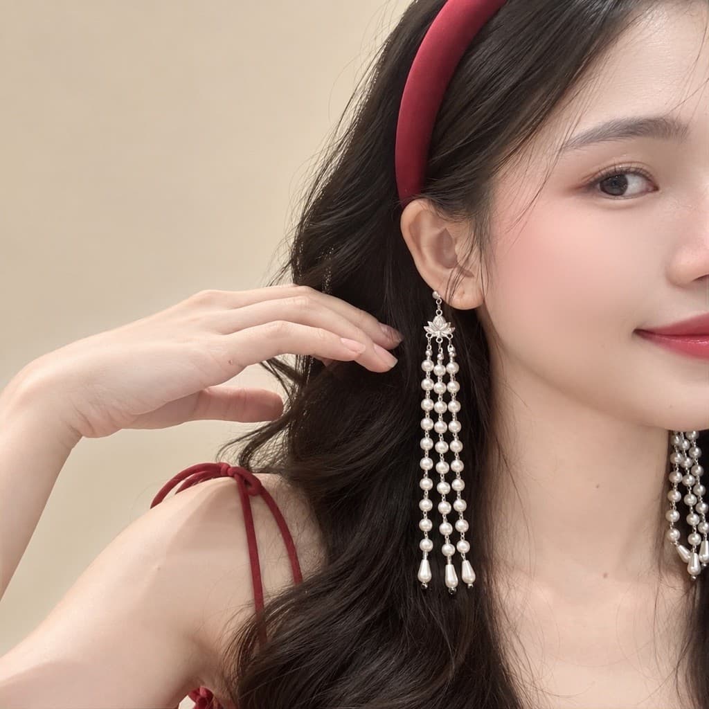 Băng Đô Nhung Đỏ Đô Tua Rua Ngọc Trai Phong Cách Cổ Trang, Cài Tóc Hán Phục Đính Hoa Bạc Thanh Lịch Cho Nữ