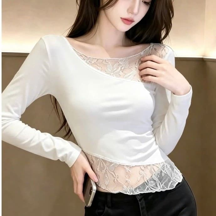 Áo thun nữ tay dài cổ bo phối ren màu trắng dáng ôm thanh lịch phong cách thu đông mới hot trend BYN BYN RTD35