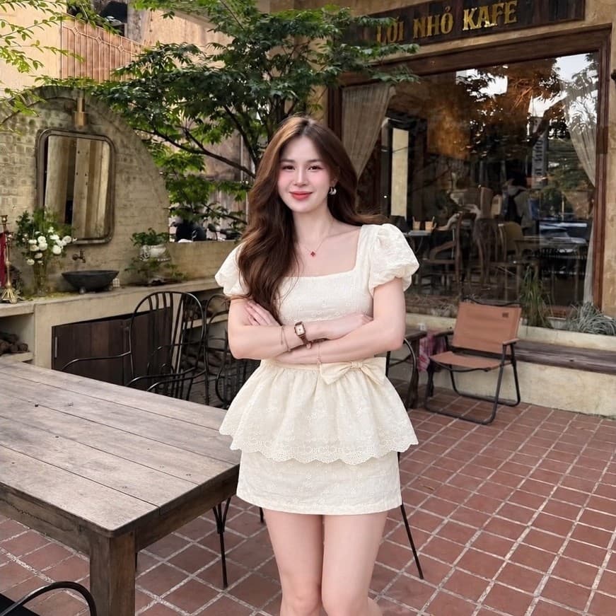 SET THÔ THÊU NƠ EO, set váy dịu dàng, set đồ sang chảnh xukadress