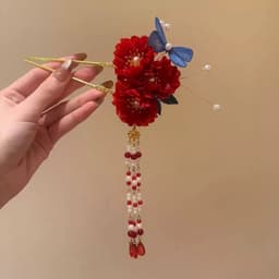 Trâm Cài Tóc Cổ Trang 2 Chân Hoa Đỏ Bướm Xanh Tua Rua Dài – Trâm Tóc Áo Dài, Hán Phục, Sườn Xám, Cài Tóc Cô Dâu 7