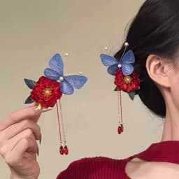 Trâm Cài Tóc Cổ Trang 2 Chân Hoa Đỏ Bướm Xanh Tua Rua Dài – Trâm Tóc Áo Dài, Hán Phục, Sườn Xám, Cài Tóc Cô Dâu 3