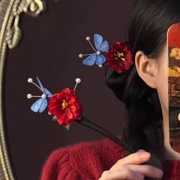 Trâm Cài Tóc Cổ Trang 2 Chân Hoa Đỏ Bướm Xanh Tua Rua Dài – Trâm Tóc Áo Dài, Hán Phục, Sườn Xám, Cài Tóc Cô Dâu 2