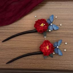 Trâm Cài Tóc Cổ Trang 2 Chân Hoa Đỏ Bướm Xanh Tua Rua Dài – Trâm Tóc Áo Dài, Hán Phục, Sườn Xám, Cài Tóc Cô Dâu 5