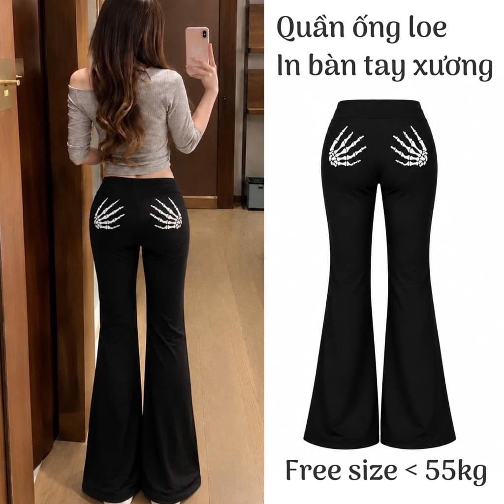 Quần dài nữ ống loe tôn dáng phong cách y2k in hoạ tiết bàn tay xương cá tính Q6XUONG