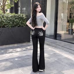 Quần dài nữ ống loe tôn dáng phong cách y2k in hoạ tiết bàn tay xương cá tính Q6XUONG 7