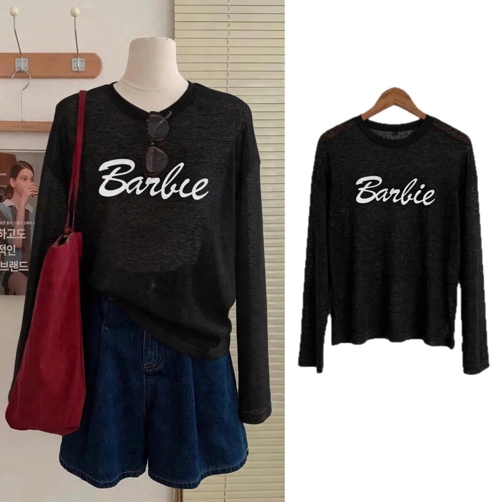 Áo thun nữ form rộng tay dài thu đông in hoạ tiết,  Áo thun giấy xước mềm mịn hot trend TG BARBIE