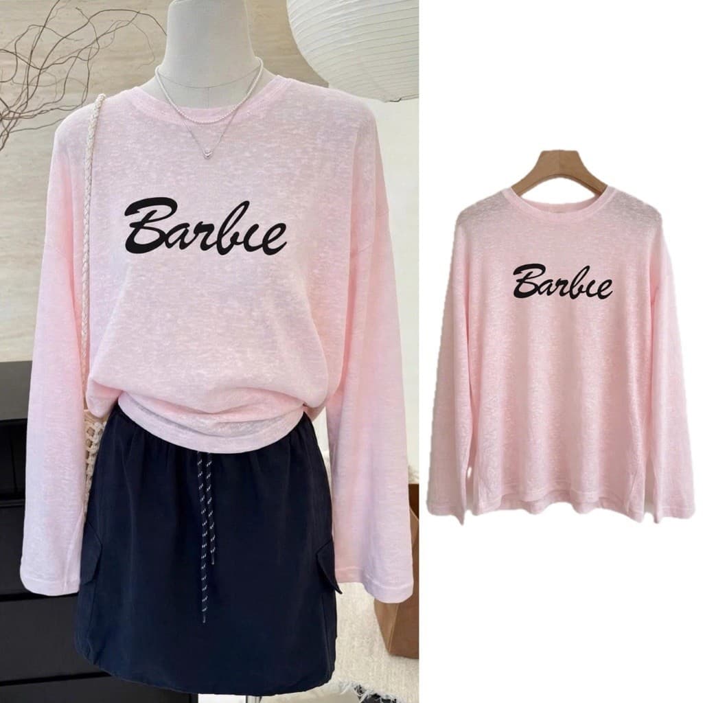 Áo thun giấy xước form rộng tay dài in hoạ tiết chữ đơn giản style basif dễ phối đồ Kiểu Hàn Quốc BYN BYN TG BARBIE