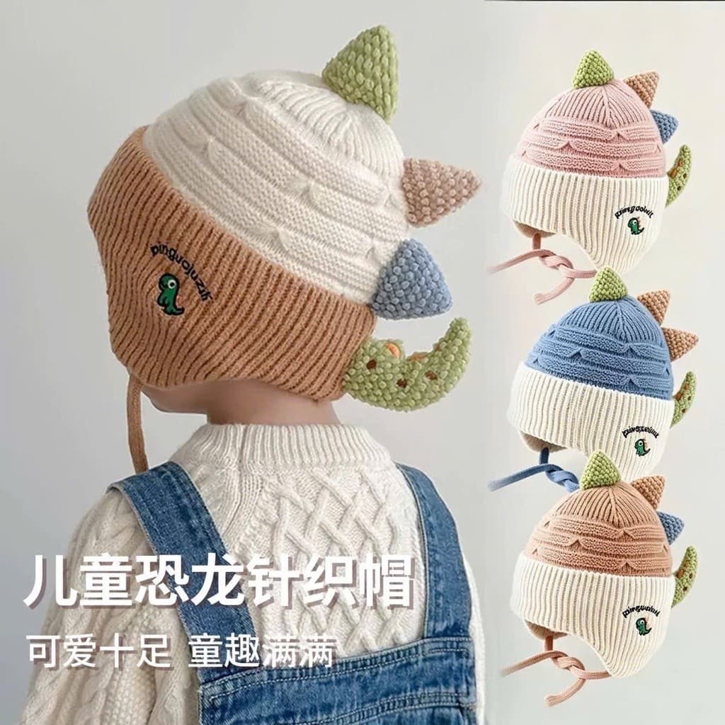 Khủng Long Dễ Thương Trẻ Em Mũ Dệt Kim Mùa Đông Dày Ấm Áp Bé Trai Bé Gái Mũ Bảo Vệ Tai Ngoài Trời Chống Gió Trẻ Em Mũ Bò