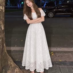 VÁY REN TRẮNG BẸT VAI DỰ TIỆC, váy ren trắng xoè xukadress 6